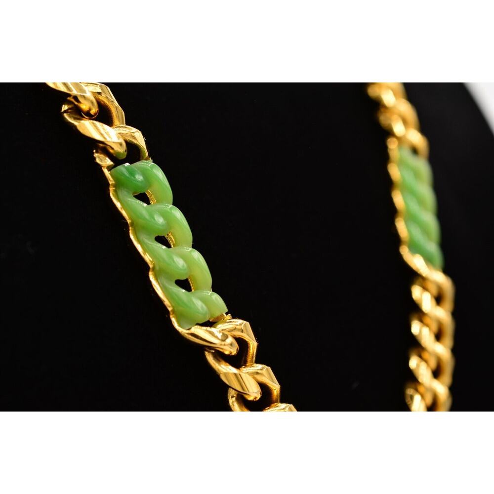Givenchy Vintage Cuban Chain Necklace Gold Green Cabochon Heavy Signed 70s BinL - Picture 4 of 12